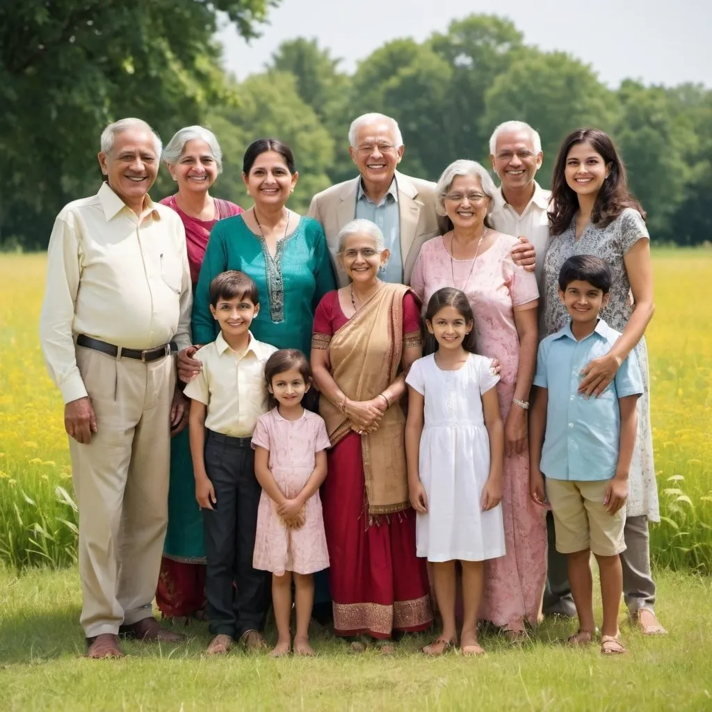 Prompt: A family photo of 18 affluent people in a sunny field, all smiling. The grandparents are standing in the back, looking joyful and well-dressed. The grandfather is Caucasian and the grandmother is a light-skinned Indian. All of the children are a mix of Indian and white. All of the individuals are dressed in typical Western clothes. In front of the grandparents, there are three sets of parents, dressed elegantly, smiling at the camera. In the bottom row, there are 10 children, ranging in age from toddlers to pre-teens, all dressed in stylish clothing and smiling happily. The field is lush and green, with a few colorful flowers and trees in the background, creating a serene and pleasant atmosphere.