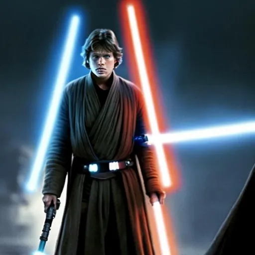 Prompt: Star Wars Character, One person standing alone, Holding one lightsaber in each hand, that person is a Jedi