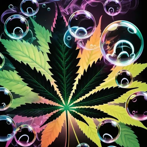 Prompt: bright, glossy, glass bubbles, detailed marijuana leaf mirrored effect, smoke flowing, print 420 in lighted numbers, psychedelic, bold bright