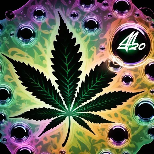 Prompt: bright, glossy, glass bubbles, detailed marijuana leaf mirrored effect, smoke flowing, print 420 in lighted numbers, psychedelic, bold bright