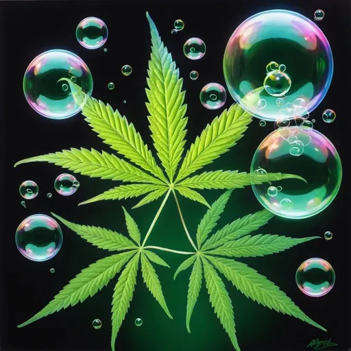 Prompt: print 420, glassy, bubbles, detailed  marijuana leaves, bubbles, dark, vivid, green, lighted, bubbles, smoke floating through, bubbles, psychedelic, 420 lighted, lights, smoke