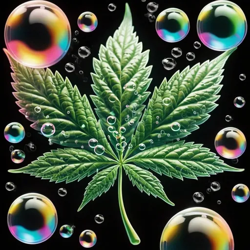 Prompt: bright, glossy, several big bubbles detailed  marijuana leaf , smoke flowing through bubbles, several small bubbles print lighted numbers 420, colorful, psychedelic, bold, glassy, vivid

