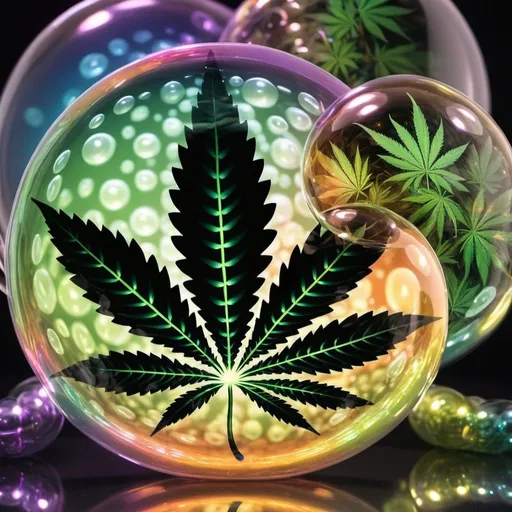 Prompt: bright, glossy, glass bubbles, detailed marijuana leaf mirrored effect, smoke flowing, print 420 in lighted numbers, psychedelic, bold bright, lights, glossy, mirrors