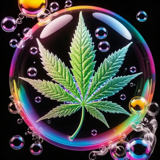 Prompt: bright, glossy, bubbles with detailed lighted marijuana leaf in each, smoke flowing around bubbles, numbers 420 lighted in small bubbles, colorful, psychedelic, bold, glass, vivid
