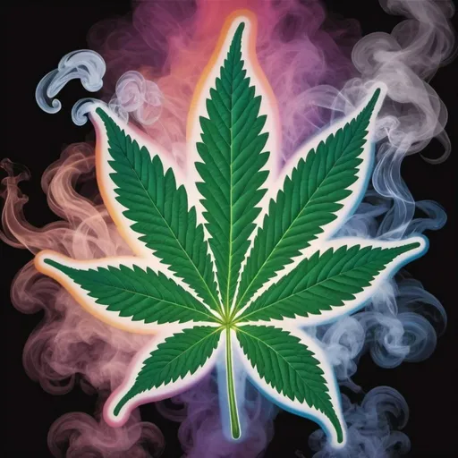 Prompt: psychedelic print marijauna leaf with smoke flowing through the leaves