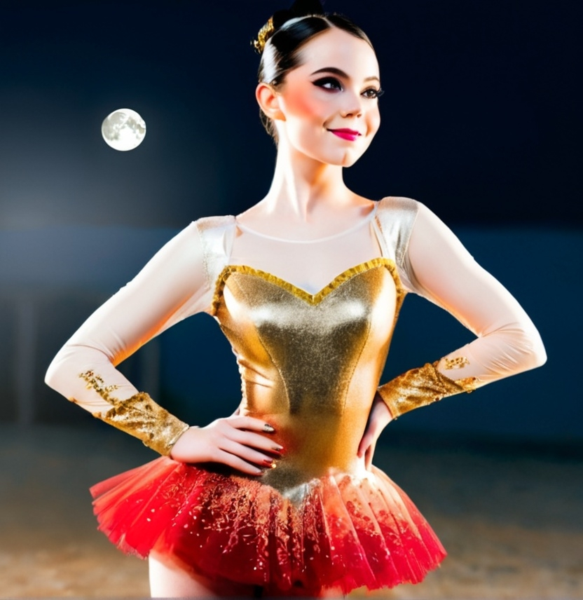 Prompt: Beautiful girl with white skin and tied black hair, wearing a long-sleeved golden ballerina dress with red details, red gradient makeup on her eyes and a cute smile, with the full moon in the background. Looking at the camera