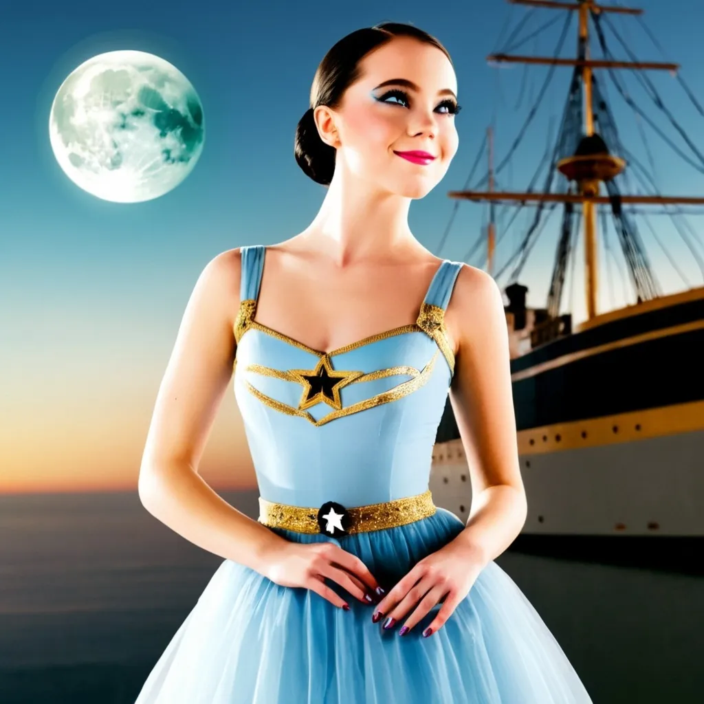 Prompt: Beautiful white-skinned girl with tied black hair, wearing a light blue and gold ballerina dress, star makeup on her eyes and a cute smile, with the full moon and a ship in the background.