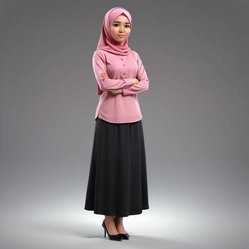 Prompt: 4D cartoon of a big head of a 20 year old Indonesian woman, wearing Muslim clothing, wearing a long-sleeved pink shirt, wearing black long skirt pants, high heels, standing with her arms crossed inwards, face view, full body, gray gradient background