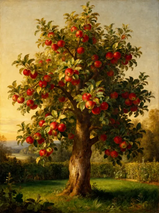 Prompt: 
"A Renaissance-style painting in the manner of Leonardo da Vinci, depicting a majestic apple tree full of bright red apples, standing in a lush green garden. The scene is bathed in soft golden light, with detailed realistic textures on the leaves, bark, and fruit. The background shows a serene natural landscape with a subtle atmospheric perspective, creating depth and harmony. The composition emphasizes balance, realism, and the timeless elegance of Da Vinci’s art style.