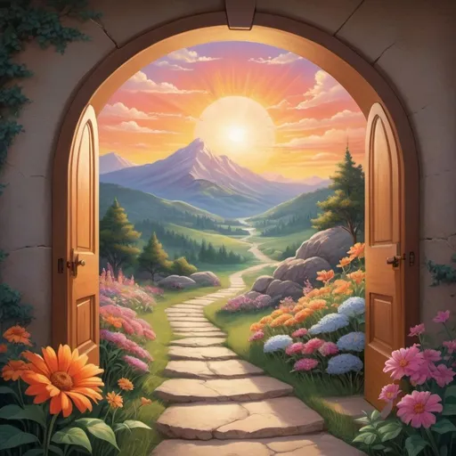 Prompt: 
Create an image depicting a serene, mountainous landscape with a winding path leading towards a glowing, illuminated doorway. Above the doorway, inscribe the words 'Unlock Your Potential' in elegant, inspiring lettering. Surrounding the pathway, include vibrant, blossoming flowers symbolizing growth and transformation. In the sky, depict a radiant sunrise or sunset, casting warm hues across the scene. Incorporate subtle elements of psychological symbolism, such as a butterfly emerging from a cocoon or a soaring eagle, representing resilience and personal development. The overall mood should evoke a sense of empowerment, possibility, and inner peace, resonating with the theme of psychological motivation.