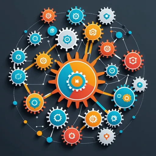 Prompt: An abstract illustration depicting interconnected modules and components of a multi-module software platform, represented by interconnected nodes or gears.
Each module/component can be represented by a different color or shape to denote its uniqueness.
Include icons or symbols to represent key functionalities such as data integration, analytics, scalability, security, etc.
