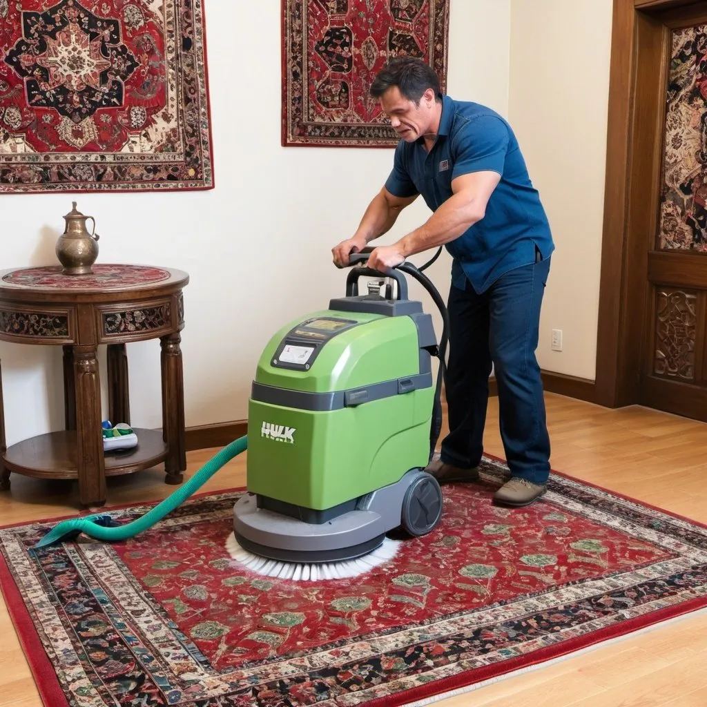 Prompt: hulk washing oriental rug with floor scrubbing machine