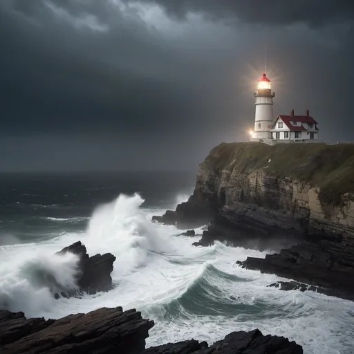 Prompt: "An old, weathered lighthouse standing alone on a rocky cliff, its light cutting through the thick fog of a stormy night. The waves crash violently against the rocks below, but the lighthouse remains steadfast, a symbol of hope and guidance in the darkness. The scene should evoke a sense of solitude, resilience, and the comforting presence of light in the midst of chaos."
