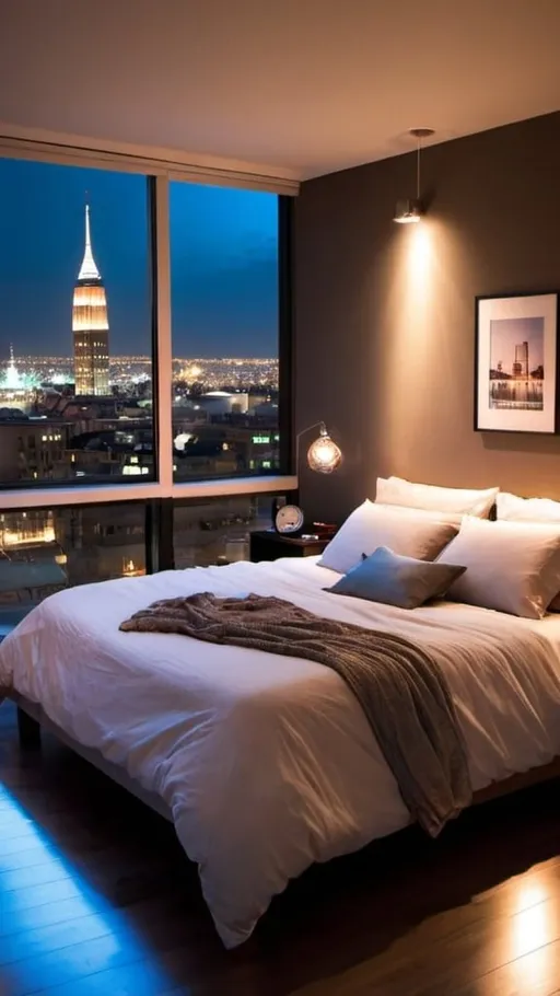 Prompt: a nice city bedroom and make the time night also the bedroom lights are off and make it cozy and modern with a city view 