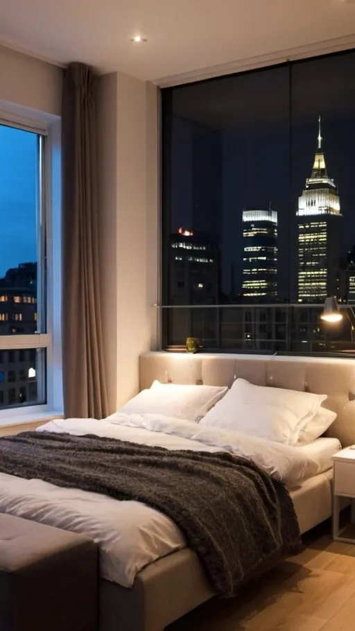 Prompt: a nice city bedroom and make the time night also the bedroom lights are off and make it cosy and modern