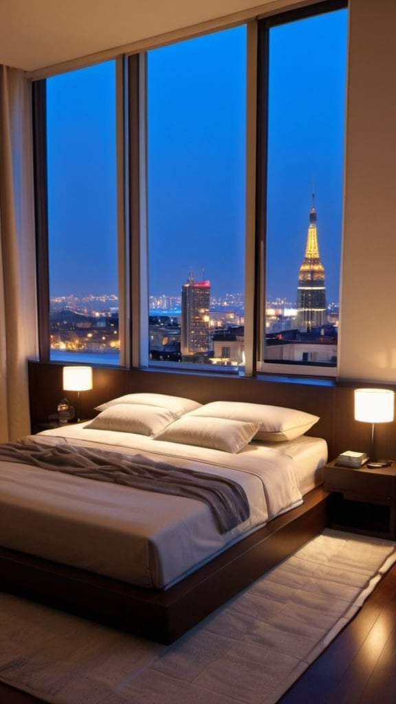 Prompt: a nice city bedroom and make the time night also the bedroom lights are off and make it cozy and modern with a city view 