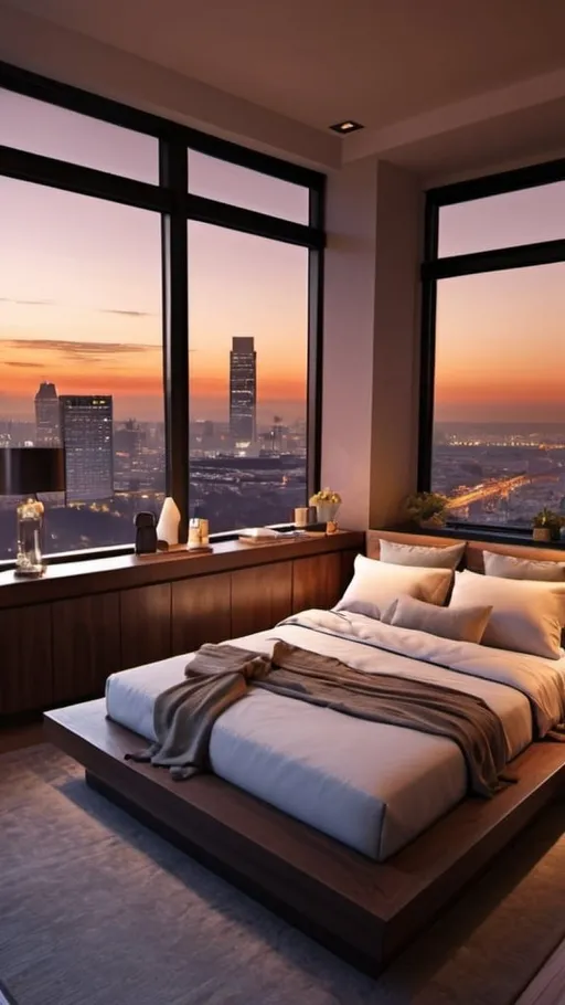 Prompt: a nice city bedroom and make the time night also the bedroom lights are off and make it cozy and modern with a city view with  a sunset