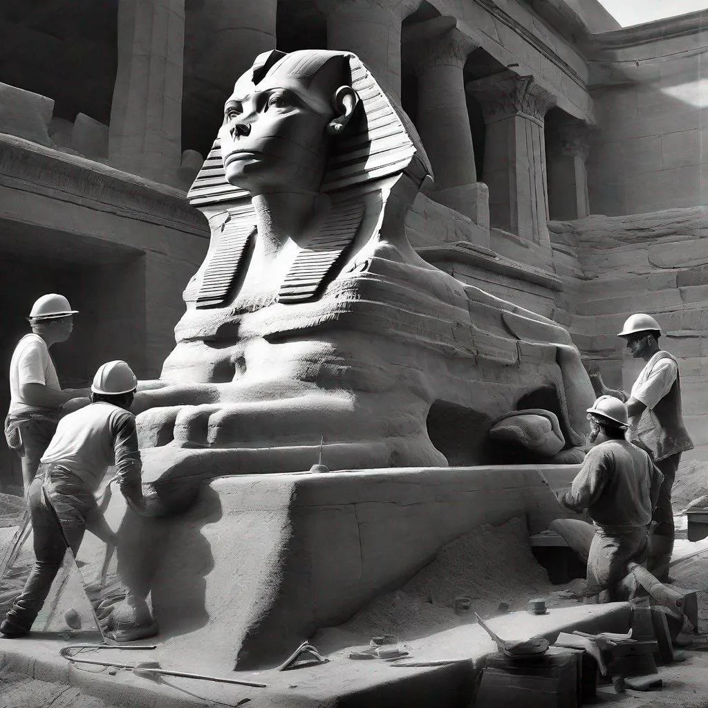 Prompt: Black and white hyperrealistic old time photograph of “1800 Americans building the sphinx”, old machinery, photorealistic, detailed construction workers, ancient Egyptian architecture, monochrome, high contrast, dramatic lighting, detailed historical accuracy, ultra-detailed, hyperrealistic, monochrome, ancient Egyptian architecture, detailed workers, dramatic lighting, professional