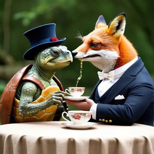 Prompt: A posh turtle drinking british tea with the fatty american fox