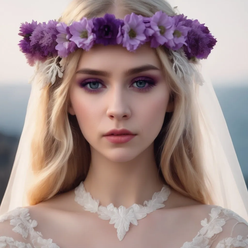 Prompt: Beautiful blonde girl with purple eyes wearing a wreath with a wedding dress with sad face