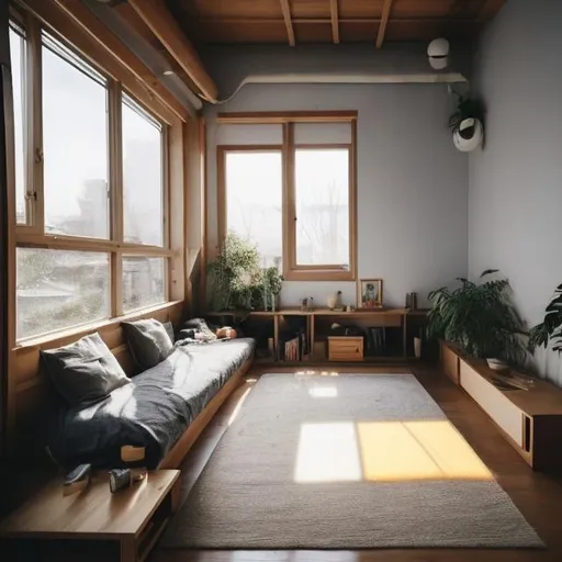 Prompt: cozy Muji style living room with one sofa, one wooden table, a big window next to the sofa, the weather is shinny, sun shine come to the window , a couple sit on the sofa, the couple is reading book, the women lying down, some pillows on the sofa, a black cat with yellow eyes sit in front of the sofa, cozy atmosphere