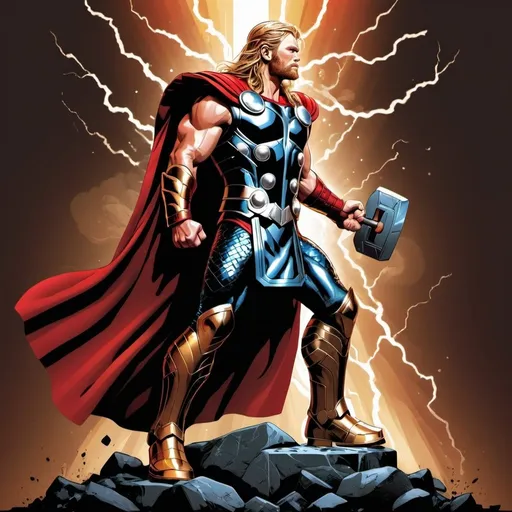 Prompt: thor illustration art, created in Adobe Illustrator, metallic sheen, vibrant colors, heroic pose, high-quality vector art, comic book style, intense red and gold tones, dramatic lighting, detailed armor, professional digital artwork, powerful stance, Adobe Illustrator, vector art, comic book style, vibrant colors, dramatic lighting, heroic pose