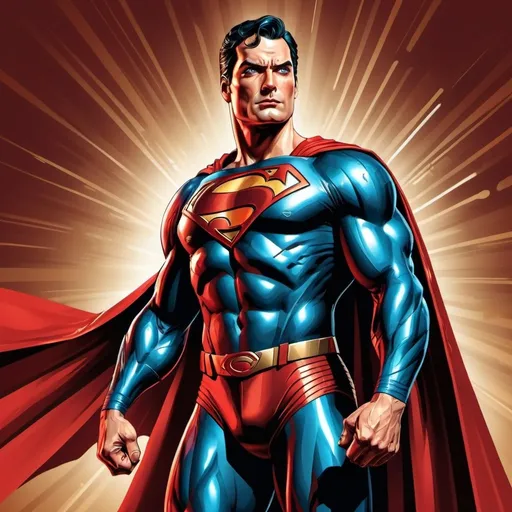 Prompt: superman illustration art, created in Adobe Illustrator, metallic sheen, vibrant colors, heroic pose, high-quality vector art, comic book style, intense red and gold tones, dramatic lighting, detailed armor, professional digital artwork, powerful stance, Adobe Illustrator, vector art, comic book style, vibrant colors, dramatic lighting, heroic pose