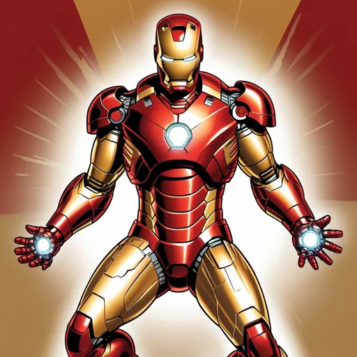 Prompt: Iron Man illustration art, created in Adobe Illustrator, metallic sheen, vibrant colors, heroic pose, high-quality vector art, comic book style, intense red and gold tones, dramatic lighting, detailed armor, professional digital artwork, powerful stance, Adobe Illustrator, vector art, comic book style, vibrant colors, dramatic lighting, heroic pose