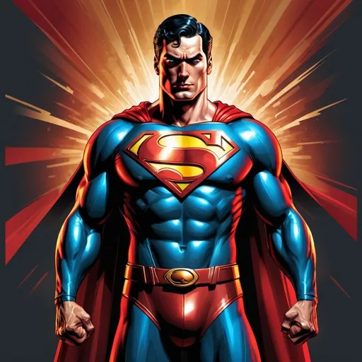 Prompt: superman illustration art, created in Adobe Illustrator, metallic sheen, vibrant colors, heroic pose, high-quality vector art, comic book style, intense red and gold tones, dramatic lighting, detailed armor, professional digital artwork, powerful stance, Adobe Illustrator, vector art, comic book style, vibrant colors, dramatic lighting, heroic pose