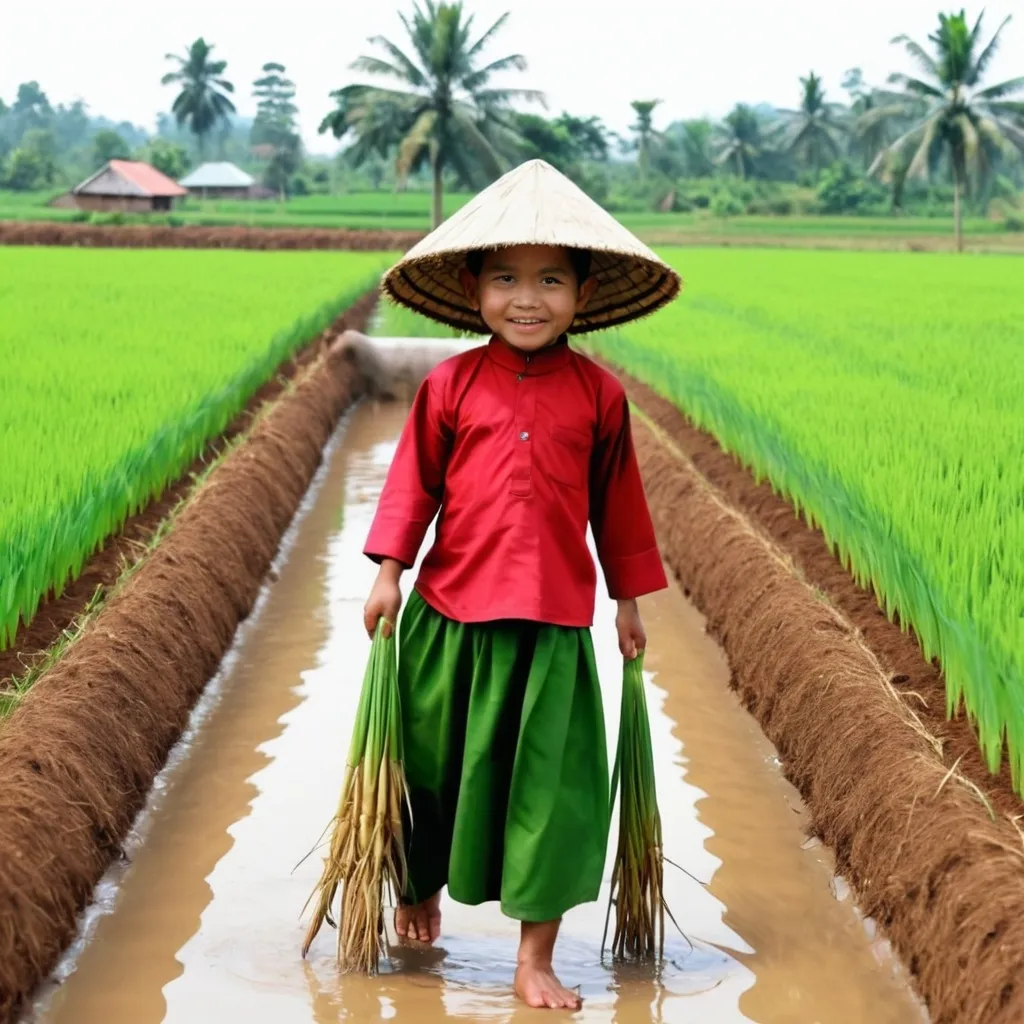 Prompt: anak laki-laki berlarian di pematang sawah dengan gembira