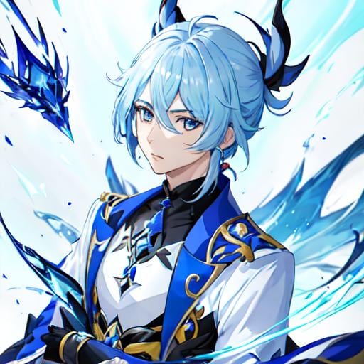 Prompt: Dessine un personnage genshin impact mâla de type glace avec des habits bleuâtre