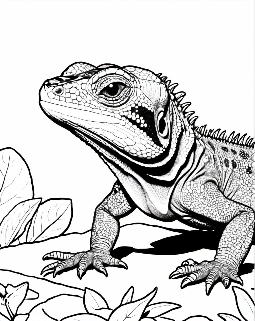 Prompt: a lizard, coloring page, black line art, white background