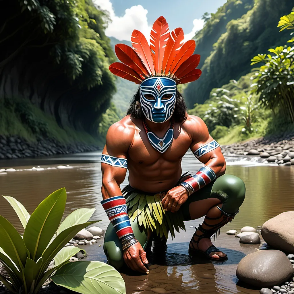 Prompt: photorealistic image of a muscular hero costume with boruca indigenous mask from Costa Rica, kneeling while planting a small tree near the virilla river. The super heroe wears a traditional Brunca indian aboriginal mask accurately representing brunca scultures and mask designs. The detailed setting reflects the lush natural environment of Costa Rica, including the river and vegetation. The heroe is shown ful body in action pose holding the tree gently in his hands. The lighting and mood capture a sense of reverance and connection with nature.