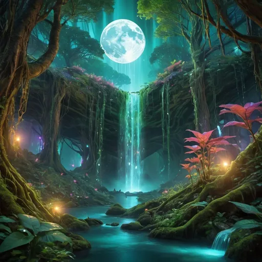 Prompt: Avatar-style forest with unified moon and light waterfall, highres, surreal, mystical, glowing flora, cascading water, lush greenery, ethereal moon glow, detailed vines, fantasy landscape, vibrant colors, atmospheric lighting