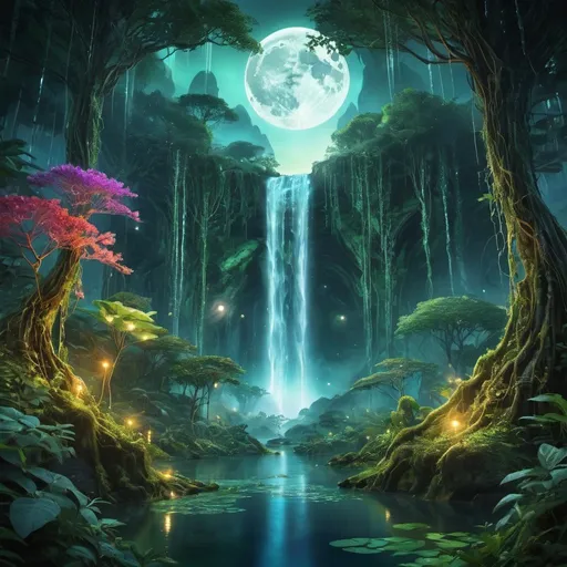 Prompt: Avatar-style forest with unified moon and light waterfall, highres, surreal, mystical, glowing flora, cascading water, lush greenery, ethereal moon glow, detailed vines, fantasy landscape, vibrant colors, atmospheric lighting