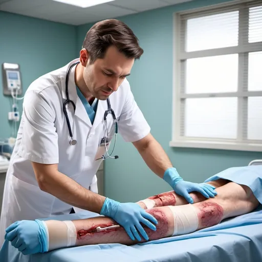 Prompt: Male nurse cleaning fracture wound, hospital setting, medical equipment, professional, detailed, realistic, high quality, hospital scene, caring, white light, clean environment, medical procedure, compassionate, healthcare, skilled caregiver