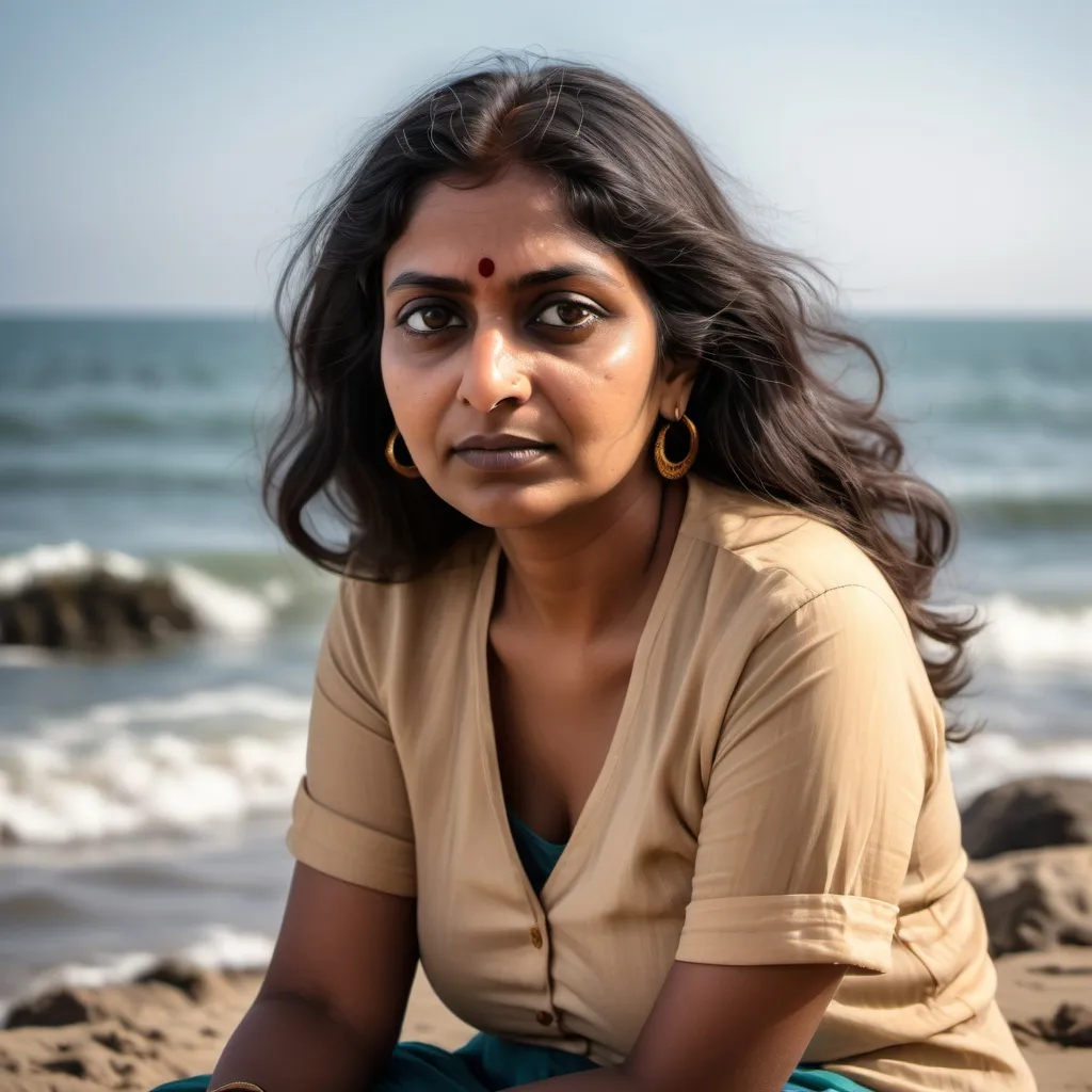 Prompt: A realistic slightly dark skinned heavy jowled 43 year old South Asian Indian woman  with a BMI of 40 and deep set eyes clothed modestly sitting beside an ocean watching the mid day sun in a 70s colour scheme 