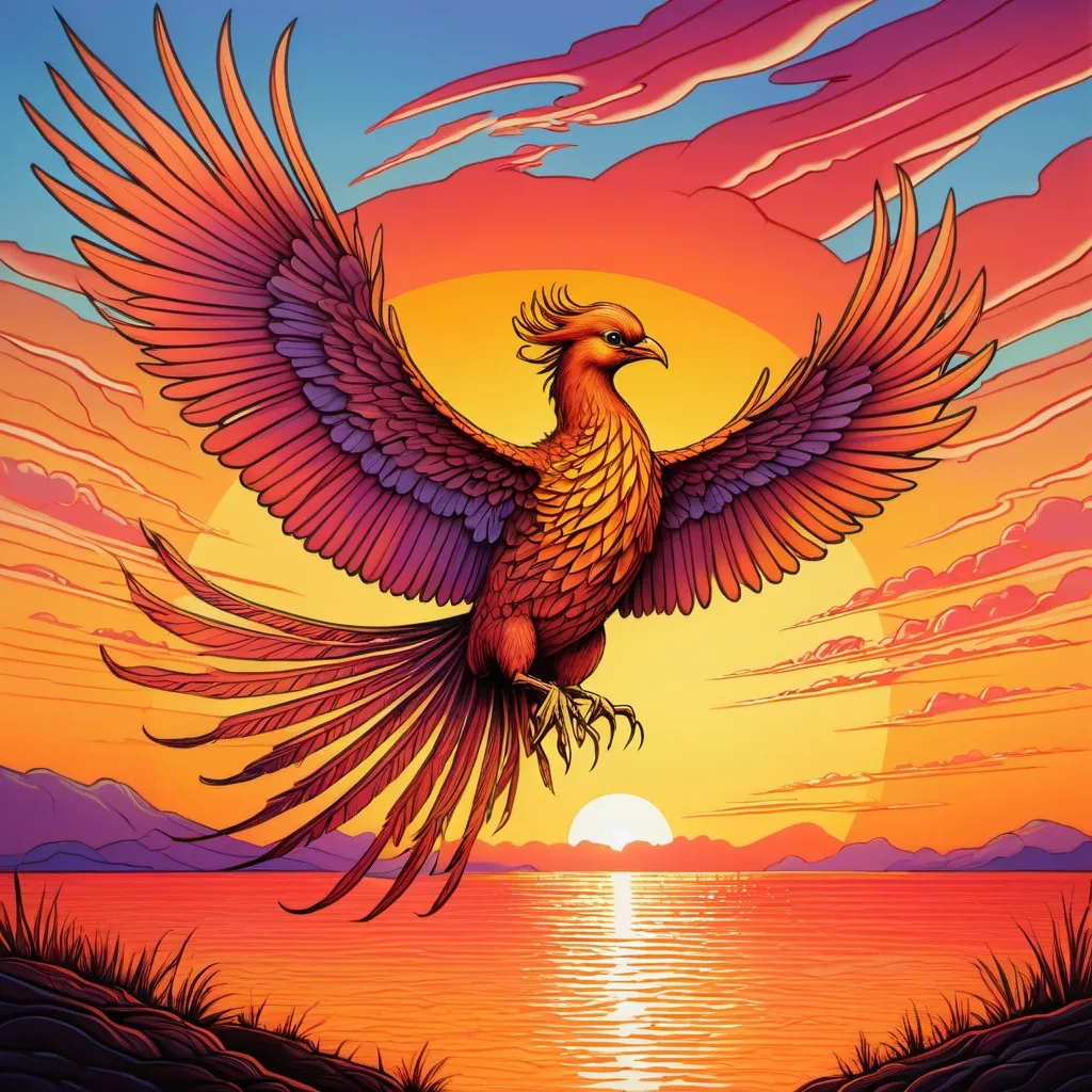 Prompt: Line  art painting of a phoenix bird in the distance rising from a setting sun in a bright hyperrealistic colours