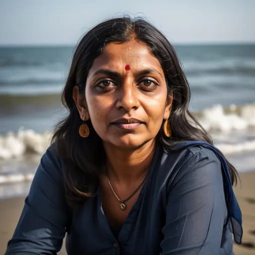 Prompt: A portrait of a slightly dark skinned heavy jowled 43 year old South Asian Indian woman  with a BMI of 40 and deep set small eyes clothed modestly sitting beside an ocean watching the mid day sun in a quilling style