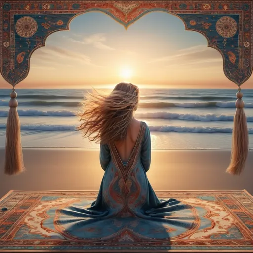 Prompt: Full length picture of a woman at the beach wind in her hair watching the alien sunrise , wistful, hopeful and grateful in a persian carpet style