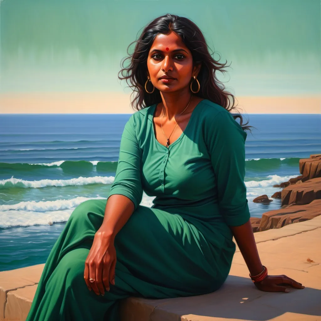 Prompt: A realistic slightly dark skinned 40 year old South Asian Indian woman  with a BMI of 40 clothed modestly sitting beside an ocean watching the mid day sun in a colour pallete of deeply saturated greens, blues and red 