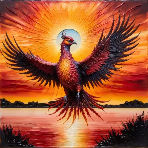 Prompt: Encaustic art painting of a phoenix bird in the distance rising from a setting sun in a bright hyperrealistic colours