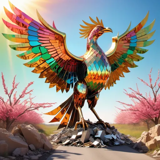 Prompt: Reused metallic garbage art of a phoenix bird with dragon like massive wingspan in the distance rising from a mid day sun in a bright hyperrealistic spring colours