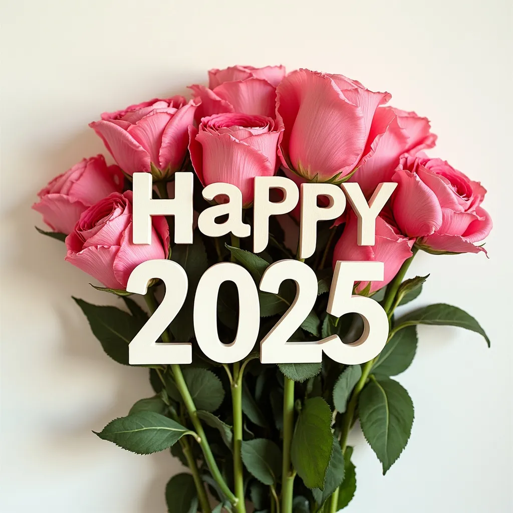 Prompt: A bunch of flowers with the words Happy 2025 written across