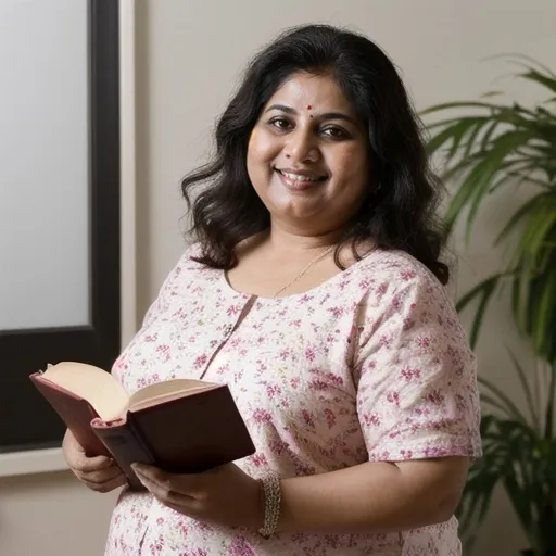 Prompt: LinkedIn profile picture of a bright-eyed, cheerful overweight 48 year old South Asian woman with salt and pepper hair  in a vibrant, sunlit home . The woman radiates confidence and self-worth, wearing a warm smile that symbolizes inner strength and resilience.  Subtle elements like glowing flowers and an open book signify lifelong learning, self-improvement, and the belief that self-worth comes from within, unaffected by external opinions. The atmosphere is uplifting, serene, and inspiring, showcasing the beauty of love, growth, inner peace and family connection.