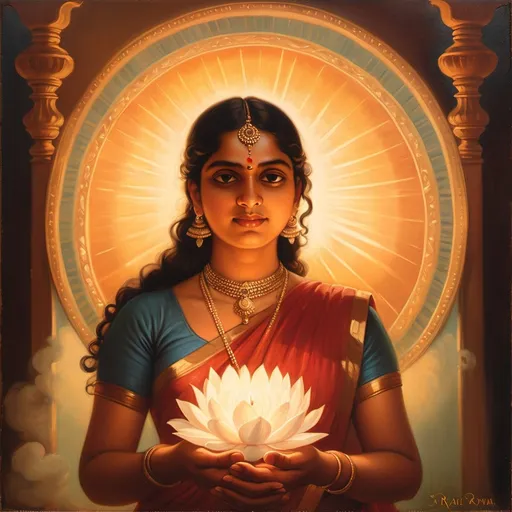 Prompt: A Raja Ravi varma  painting featuring a person  surrounded by soft, glowing light. The words 'You are worthy of love, respect, and kindness, especially from yourself' are elegantly incorporated into the background in a handwritten script. The atmosphere is uplifting and filled with warmth, symbolizing self-compassion and inner peace.