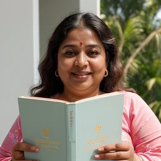 Prompt: LinkedIn profile picture of a bright-eyed, cheerful overweight 48 year old South Asian woman with salt and pepper hair  in a vibrant, sunlit home . The woman radiates confidence and self-worth, wearing a warm smile that symbolizes inner strength and resilience.  Subtle elements like glowing flowers and an open book signify lifelong learning, self-improvement, and the belief that self-worth comes from within, unaffected by external opinions. The atmosphere is uplifting, serene, and inspiring, showcasing the beauty of love, growth, inner peace and family connection.