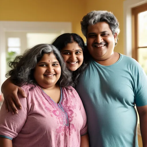 Prompt: A bright-eyed, cheerful overweight 48 year old South Asian woman with salt and pepper hair, standing confidently with her supportive but also overweight South Asian husband and their 16-year-old daughter in a vibrant, sunlit home . The woman radiates confidence and self-worth, wearing a warm smile that symbolizes inner strength and resilience. The scene exudes love, family unity, and determination, with vivid colors like bright greens, reds, and yellows to represent growth and positivity. Subtle elements like glowing flowers and an open book signify lifelong learning, self-improvement, and the belief that self-worth comes from within, unaffected by external opinions. The atmosphere is uplifting, serene, and inspiring, showcasing the beauty of love, growth, inner peace and family connection.