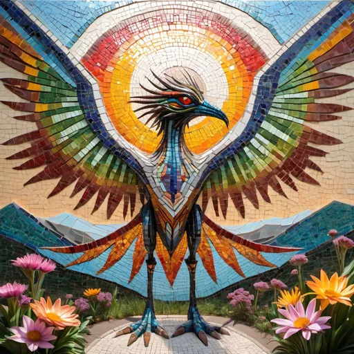 Prompt: Mosaic art of an alien bird with dragon like massive wingspan in the distance rising from a mid day sun in  bright hyperrealistic spring colours