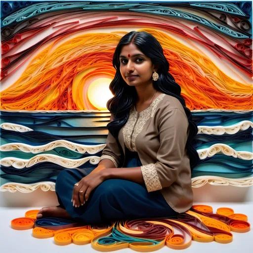 Prompt: A slightly dark skinned South Asian Indian woman  with a BMI of 40 clothed modestly sitting beside an ocean watching the sunset in an encaustic art and quilling style 